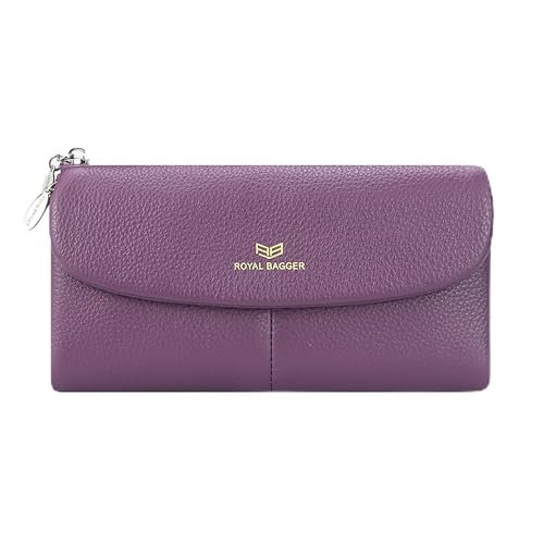Royal Bagger Women’s RFID Blocking Long Wallet – Genuine Cow Leather Trifold Purse with Multi-Card Slots & Magnetic Closure 5063 (Purple)