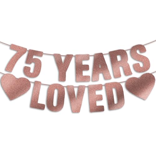 Image of Pre-Strung 75th Birthday Banner - Rose Gold Glitter, Happy 75th Birthday Party Decorations for Women, Cute 75 Year Old Anniversary Decor Bday Sign Gifts