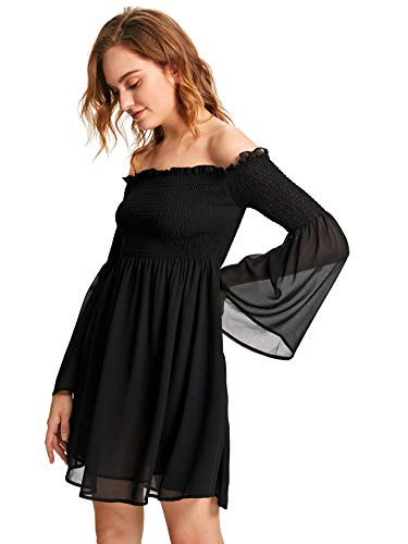 Romwe-Womens-Casual-Floral-Print-Off-Shoulder-Trumpet-Sleeve-Swing-Dress