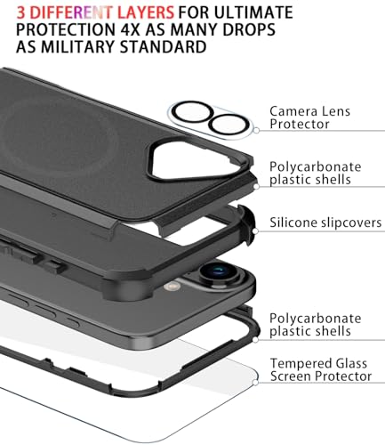 Image of Diverbox for iPhone 16 Plus Case [Compatible with MagSafe][Shockproof] [Dropproof][Tempered Glass Screen Protector + Camera Protectors] Heavy Duty Protection Cover for iPhone 16 Plus (Magnetic Black)