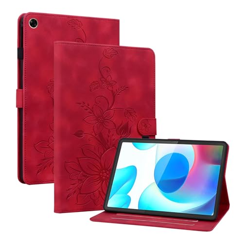LMFULM® Étui pour Realme Pad (RMP2102, RMP2103) (10,4 Pouces) PU Cuir Flip Coque Protection avec Support Housse Case Portefeuille Cover Lotus Impression Rouge