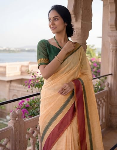 Image of SIRIL Women's Cotton Linen Printed, Zari Border One Minute Ready To Wear Saree With Unstitched Blouse Piece