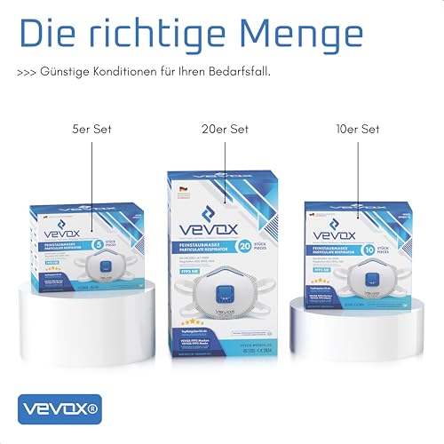 VEVOX® FFP3 Maske mit Ventil – 5er, 10er oder 20er Set – Staubmaske – Atemschutzmaske – Staubschutzmaske – Feinstaubmaske – Atemschutz z.B. gegen Feinstaub, Schimmel oder Asbest