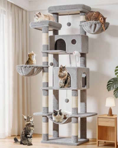 Taoqimiao 193cm Kratzbaum XXL, Großer Katzenbaum Für Große Katzen, MS046W | Große Stabile Standfläche, Mehrstöckig, Einfache Montage, 2 Katzenhaus, 8 Kratzsäulen, Große Plattform,