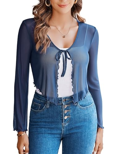 Image of Avidlove Womens Sheer Shrug Tie Front Long Bell Sleeve Mesh Bolero Lightweight Summer Casual Short Shawl Top