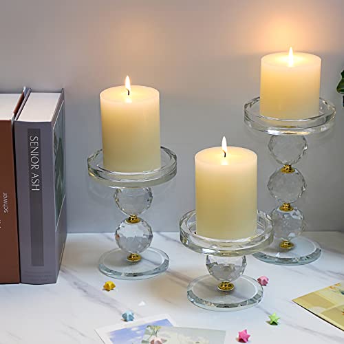 Ownmy Set Of 3 Gold Crystal Glass Pillar Candlestick Holders Votive Candle Holder Set, Clear Glass Tea Light Candle Stick Holders Pillar Candle Stand Modern Candle Centerpiece For Living Room Wedding #TOP6