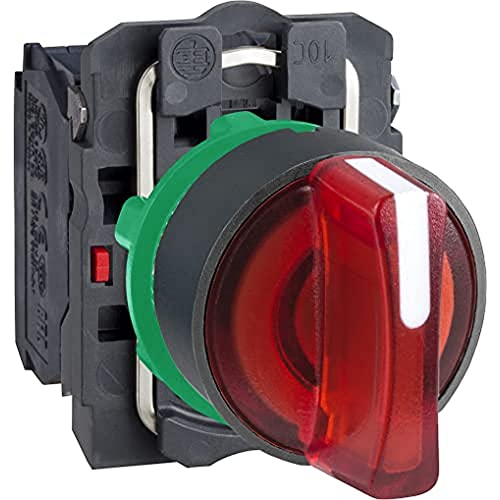 Schneider Electric Illuminated selector switch, Harmony XB5, grey plastic, red handle, 22mm, 3 positions, universal LED, 1NO + 1NC, 24V AC DC