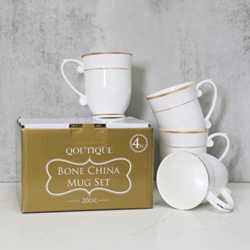 Qoutique Bone China Decorated Coffee Mugs - 20 Ounce - Set Of 4, Cups For Latte, Hot Tea, Cappuccino, Mocha, Cocoa, Mug Set, Large Coffee Mug, Gold Rim #TOP2