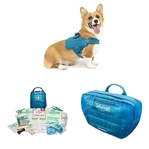 Kurgo RSG Townie Hundegeschirr, Einfaches Anlegen und Abnehmen,Größe S,Blau+ Erste-Hilfe-Set für Hunde,Kompatibel mit RSG-Geschirren und Gürteln+ Satteltasche für Hunde, Mit zwei Reißverschlusstaschen