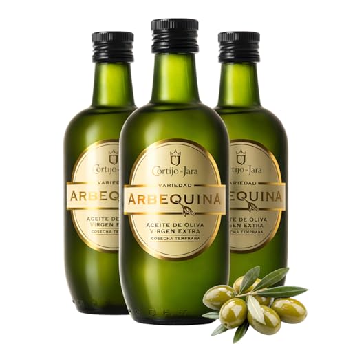 Aceite de Oliva Virgen Extra Arbequina Cortijo de Jara | Pack 3 x 500 ml (1,5 L) | Extracción Mecánica en Frío | Acidez 0,5º | AOVE Suave de Andalucía