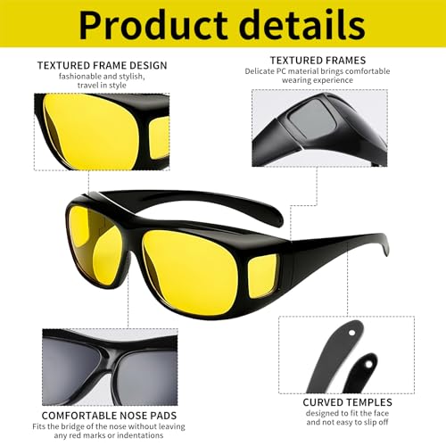 Nachtsicht‑Fahrbrille 2er‑Set | Gelbe & Graue Wechselgläser | Schwarzer Rahmen | Ideal für Nacht, Nebel & Brillenträger | Schutz & Klarheit beim Fahren