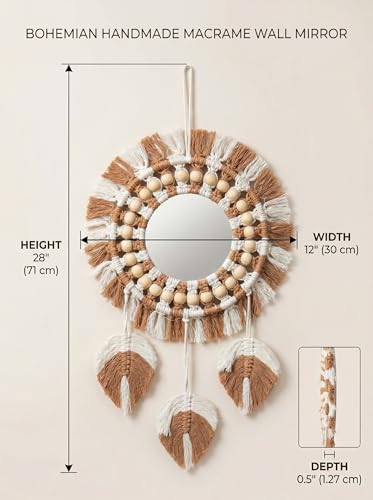 Image of JH Gallery Boho Macrame Mirror Wall Hanging - Handcrafted Cotton Rope Round Mirror with Tassels & Wooden Beads for Home, Bedroom & Entryway Decor(Brown)
