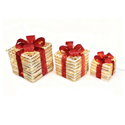 SHATCHI Light Up Christmas Parcels Pre-Lit Battery Operated LED Glitter Sisal/Rattan Xmas Presents Holiday Home Novelty Decorations Set of 3 – Gold/Red/Cream/Tartan, White & Brown, 25cm/20cm/15cm