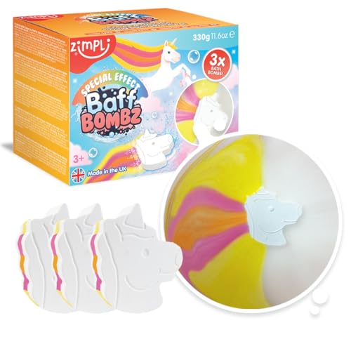 ZIMPLI - 3 x Large Unicorn Baff Bombz, stwórz magiczną, kolorową przygodę podczas kąpieli, kule do kąpieli do wanny, urodzinowe prezenty dla dziewczynek
