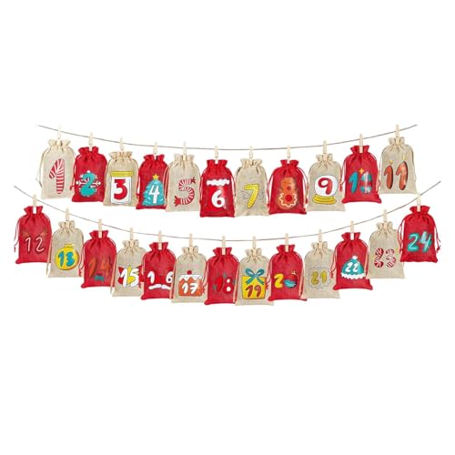Nishiyuenyi Conjunto de 24 Sacolas de Calendário Do Advento de Natal com Cordão para Doces, Sacolas de para Recepção, Porta, Quartos Infantis E Lareira, Vermelho E Linho, Tamanho real