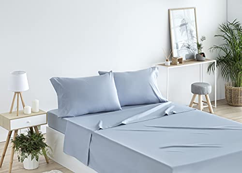 Todocama 4-Piece Bedding Set, 4002, Fitted Sheet, Flat Sheet, 2 Pillowcases 50 x 80 cm (Bed 180 x 190/200 cm, Light Blue) - Image 3