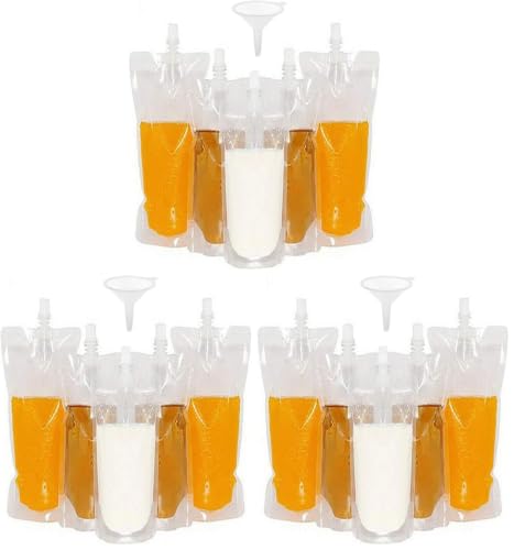 50 beverage bags, transparent smoothie bag container, heavy-duty hand-held leak-proof and sealable beverage bag, 8.4oz for frozen juice beverage bottles, a plastic funnel (250ml) (Pack of 3)