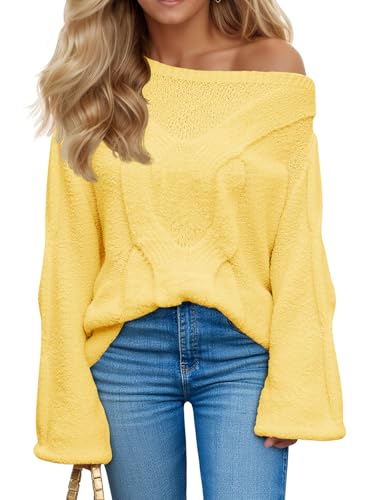 Saodimallsu Womens Off One Shoulder Sweaters Boat Neck Cable Knit Long Lantern Sleeve Loose Fall Trendy Pullover Tops