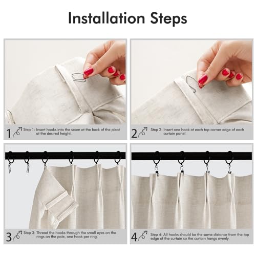 Memory Trained Pinch Pleated Curtains 63 Inches Long, Viral Linen Pinch Pleat Sheer Curtains with Ring Hooks&Clips for Track System Living Room, Beige Light Filtering Privacy Curtain 2 Panel Set by ANRODUO - Used condition - Image 9