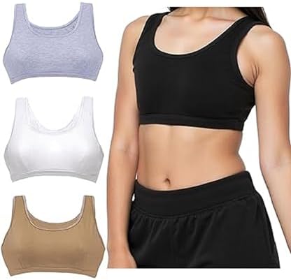 DChica Essentials Sports Bra for Girls, Cotton Non-Padded, Non-Wired Beginner T-Shirt Gym Workout Bra with Regular Strap, Training Bra for Teenagers (Pack of 4) Solid & Printed_Color May Vary
