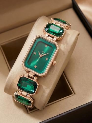Image of AMERICANVIBER Luxury Women's Analog Watch with Diamond-Studded Rectangular Dial & Stone-Studded Bracelet Strap, Premium Rose Gold Designer Ladies Wrist Watch