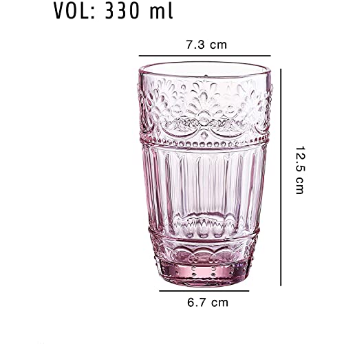 Whole Housewares | Water Drinking Glasses - Vintage Glassware Set - Colored Drinkware - Ribbed & Textured Cups - Suitable For Water, Iced Tea, Juice - 11Oz Embossed Design (6 Pack, Pink) #TOP1