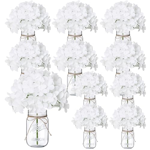 Scawim Flowers in Mason Jars for Table, 10 Set Artificial Hydrangea Table Centerpieces Glass Flowers Vases Decor for Home Party Wedding Farmhouse Bridal Shower Graduation Boho Decorative(White)