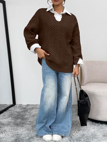 Trendy Queen Oversized Cable Knit Sweaters for Women 2026 Fall Outfits | V Neck Fall Fashion Clothes Winter Clothing, Chunky Knit Texture, Cute Holiday Outfit Pullover Tops, Easy Layering Piece — view 6