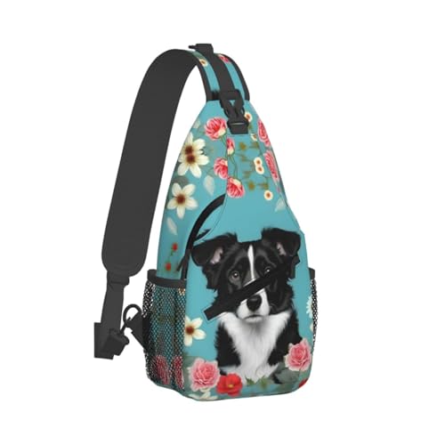 Mochila cruzada floral Border Collie, unisex, negra miniatura 2