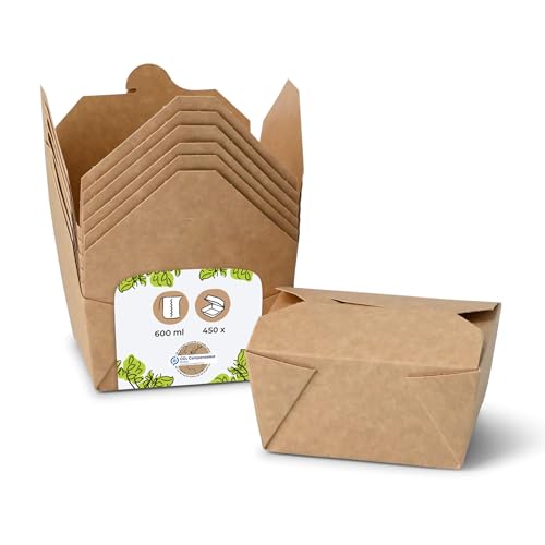 cinese asporto BIOZOYG Contenitore per Alimenti da Asporto I Scatola per Alimenti con Coperchio Pieghevole 600 ml I Scatola di Cartone Kraft compostabile marrone I 450 Vaschette di Cartone Monouso rettangolari