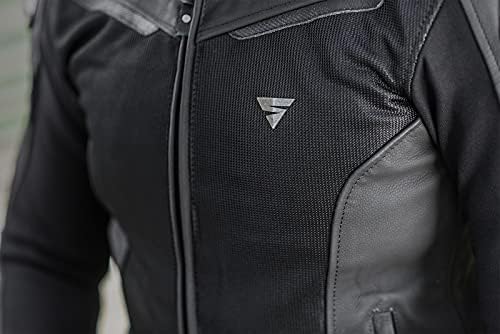 SHIMA PISTON kurtka motocyklowa męska - skórzana, miejska kurtka z panelami mesh, protektorami CE barków, pleców, łokci, sliderami barkow (Czarna, 48)