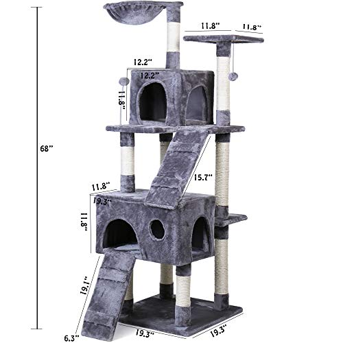 PAWZ Road Cat Tree 68" Cat Tower Dual Cat Condo Multiple Platform-Large Size Grey