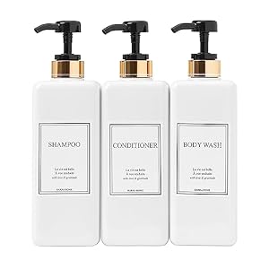 Modern Gold Design Shampoo and Conditioner Dispenser – Large 27oz Shower Soap Dispenser, Set of 3 Refillable Empty Plastic Pump Bottles for Bathroom and Body Wash (6 Waterproof Labels Included), Black