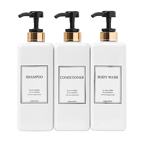 Shampoo and Conditioner Dispenser - Modern Gold Design Large 27oz Shower Soap Dispenser Set of 3, Refillable Empty Plastic Pump Bottles for Bathroom, 6 Waterproof Labels Included, Black by HARRA HOME - Used condition - US$29.47