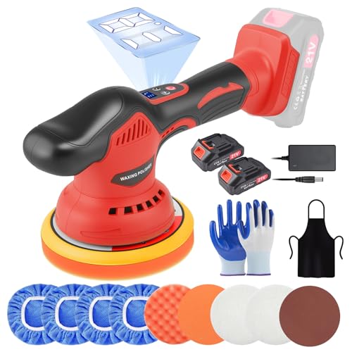 Akku Exzenter-Poliermaschine Auto [2x21V2.0Ah Akku] - 8-stufige Geschwindigkeitskontrolle (2500-6300 U/min) - Kabellose Poliermaschine inkl. 17-tlg. Zubehörset für Politur, Wachsen & Kratzerentfernung