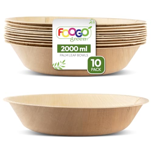 FOOGO Green 10pcsDisposable Palm Leaf Serving Bowls, 12"(30cm), 67.6oz (2000ml), Deep Round, Biodegradable Compostable, for Salad, Wedding Party, Like Wooden, Bamboo and Paper Bowls