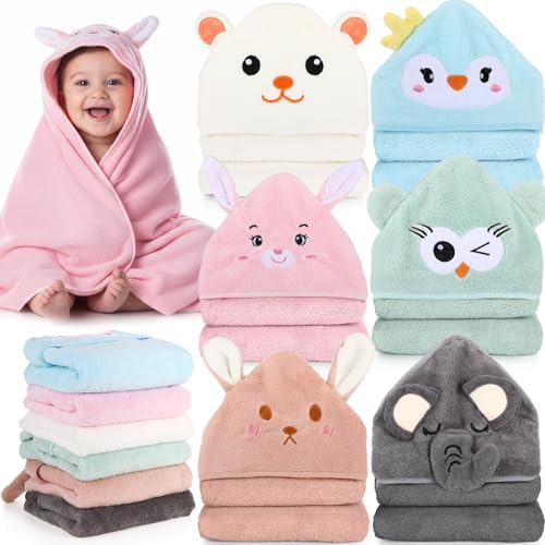 Image of SmoothNovelty 6 Pack Baby Hooded Towels Infants and Toddlers Coral Fleece Baby Bath Towels 31.5 x 31.5 Inch Absorbent Cute Soft Newborn Bath Essentials Gifts for Boys & Girls(Multicolor,Vivid)