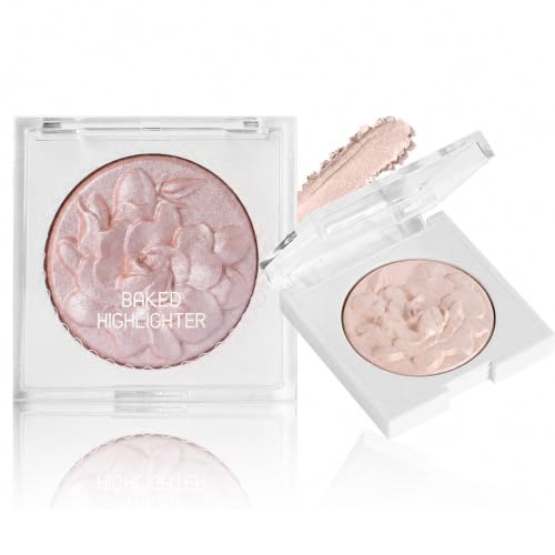 Image of Baked Highlighter Makeup, Rose Champagne Shimmer, Buildable, 1 Compact | Smooth-Blend Pressed Powder, Floral Relief Pan, Clear Hinged Lid, For Daily Face Use And Layered Evening Eye And Body Looks