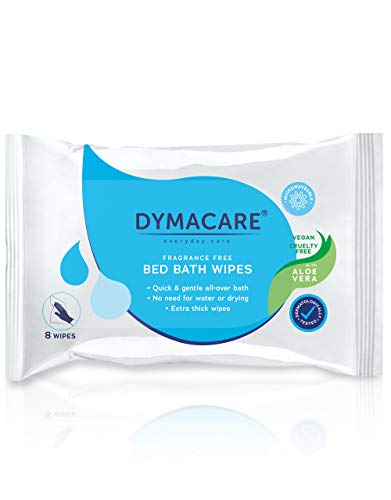 DYMACARE Paquet de 8 lingettes de bain humides non parfumées de qualité supérieure pour le corps à l'aloe vera pour adultes et personnes âgées compatibles avec le micro-ondes Cover