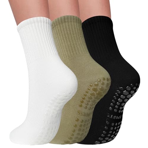 Image of 3 Pairs Pilates Socks with Grips for Women Non Slip Grip Socks for Yoga Barre Hospital Workout