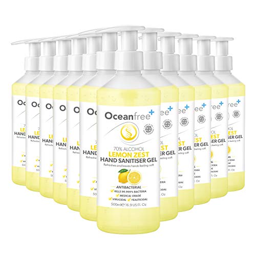 Lemon Zest Hand Sanitiser Gel - 500ml Pump Bottle - 70% Alcohol - Made in the UK (Pack of 12)
