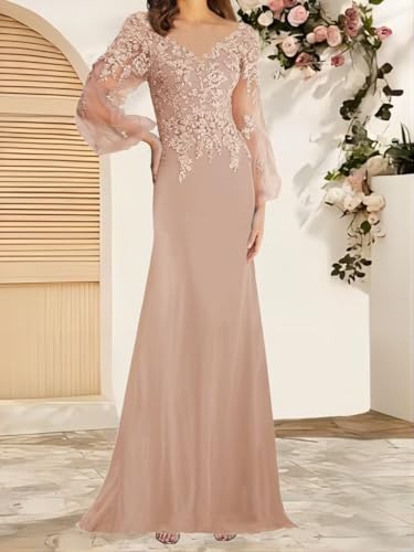Mother of The Bride Dresses Long Sleeves Formal Evening Gowns Laces Appliques Wedding Party V-Neck Prom Dress3