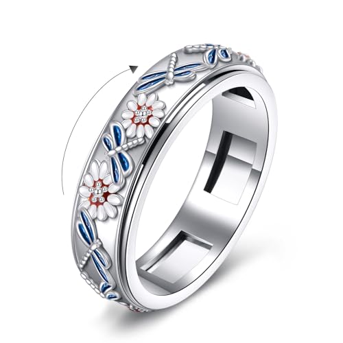 POPLYKE Sterling Silver Dragonfly Flower Spinner Rings Dragonfly Fidget Rotatable Mood Rings for Women Men 8 Size