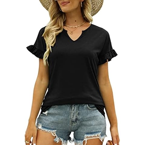 Womens V Neck Summer T Shirts Ruffle Sleeve Shirts Casual Loose Fit Notch Neck Tshirts Tops, Black, Small Cover