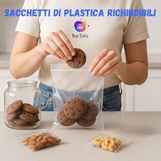 BUY SAFE - Sacchetti Plastica Richiudibili, Sacchetti Ermetici per Alimenti, Vestiti e Oggetti con Chiusura a Cerniera, Buste Trasparenti Richiudibili Resistenti e Riutilizzabili, 17x25-100 Pz