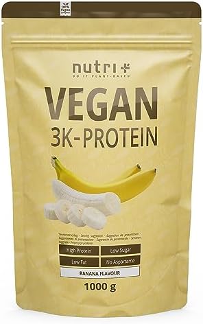 Nutri + Protein Pulver Vegan Banane 1kg - 84,1% pflanzliches Eiweiß - 3k Proteinpulver - Veganes Eiweißpulver ohne Laktose, Gluten & Milcheiweiß