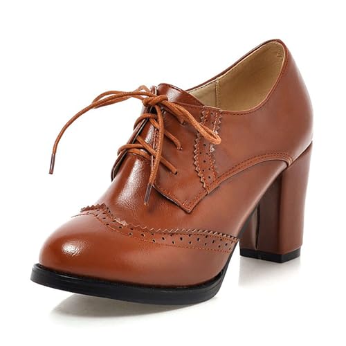 SHEMEE Retro Wingtip Oxfords for Women Chunky Block Heels Brogues Saddle Shoes Round Toe Lace Up Pumps Thick High Heeled Booties Brown Size 6.5