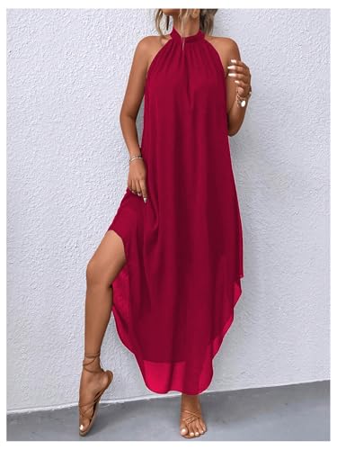 Image of Verdusa Women's Wedding Guest Dress Halter Flowy Chiffon Long Dresses | Cocktail Dress, Asymmetrical Dress for Women, Sleeveless, Prom Dress, Cruise Outfits, Boho