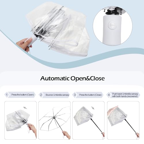 ZRUEWOT Składany automatyczny przezroczysty parasol - stylowy kompaktowy biały parasol dla kobiet na wesele - lekki wiatroszczelny parasol do podróży fotografii deszczowej