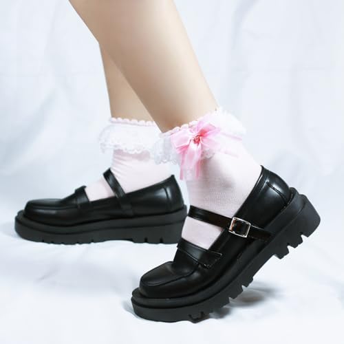 Image of Ruffle Frilly Lace Socks for Women - Lace Ankle Socks with Bow - Cute Lolita Socks Regular (US, Numeric, 5, 9, Regular, Regular, 1 Pair Pink)